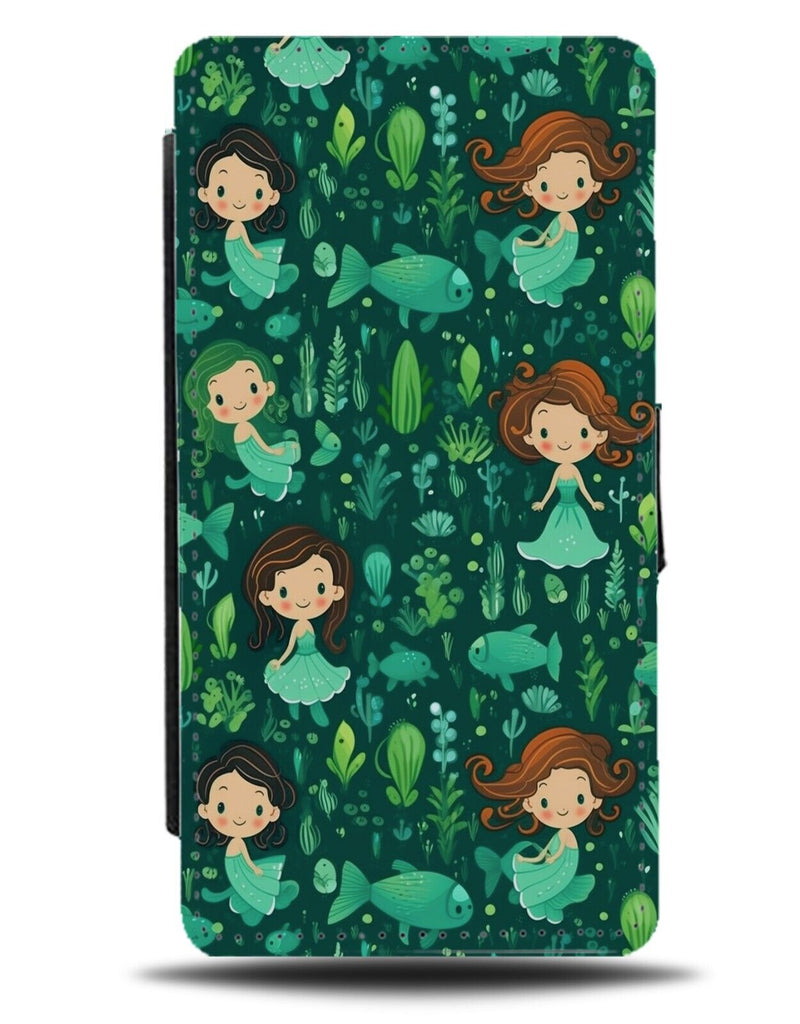 Childrens Little Green Mermaids Flip Wallet Case Mermaid Kids Cartoon Fish CN10