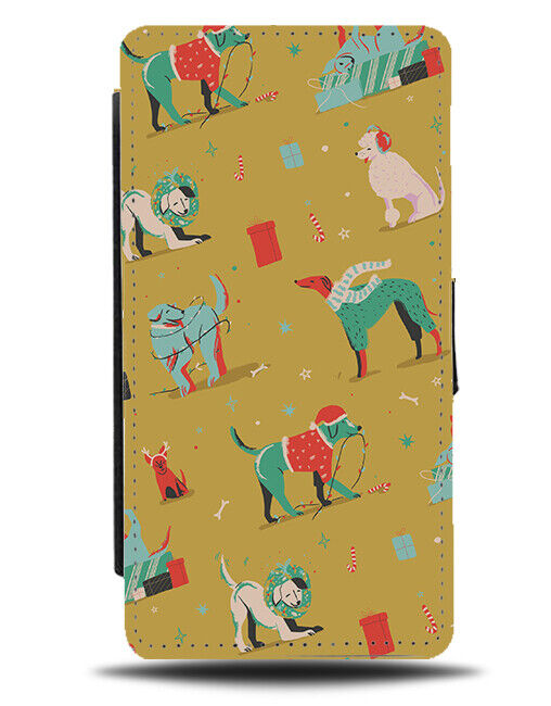 Christmas Dog Mustard Coloured Pattern Flip Wallet Case Dogs Puppy Picture N936