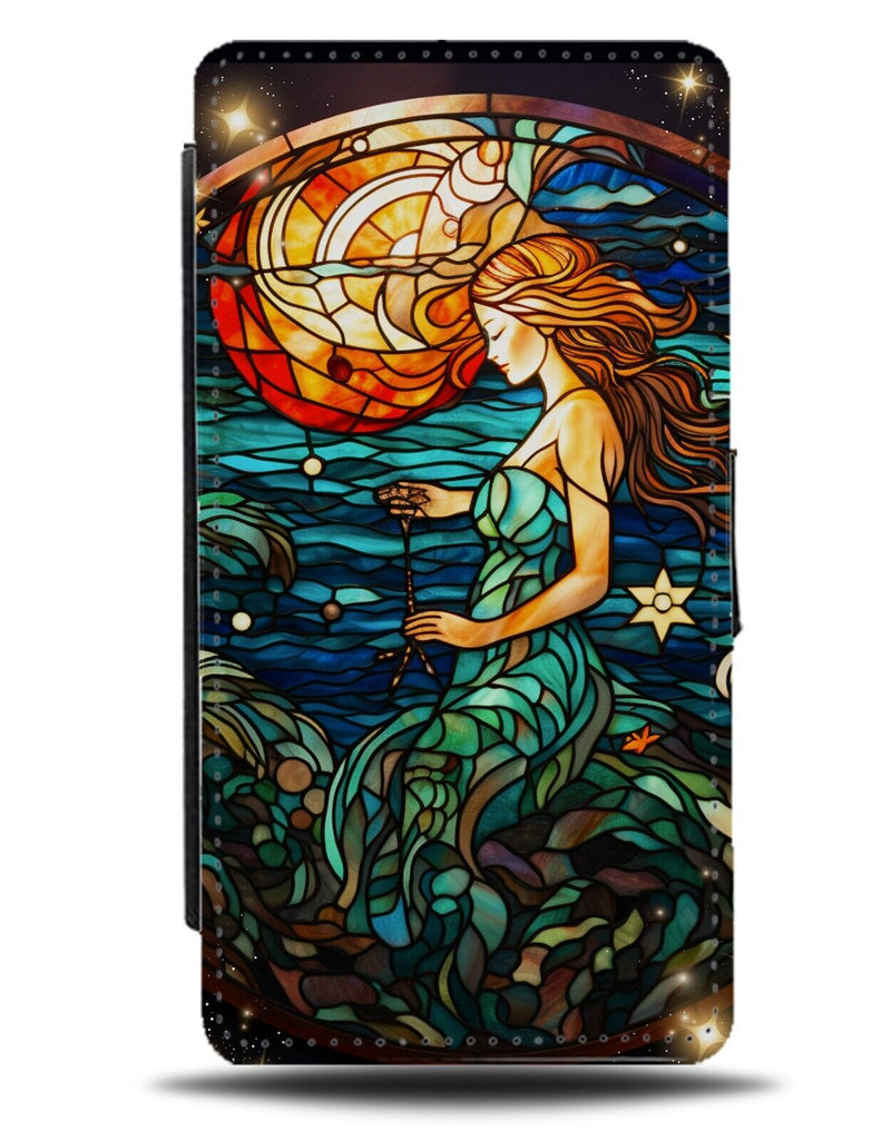 Stained Glass Mermaid Swimming Flip Wallet Case Mermaids Window Art Design CQ53