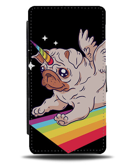 Unicorn Pug Riding Rainbow Flip Wallet Case Pugs Horn Colourful Slide Puppy K154