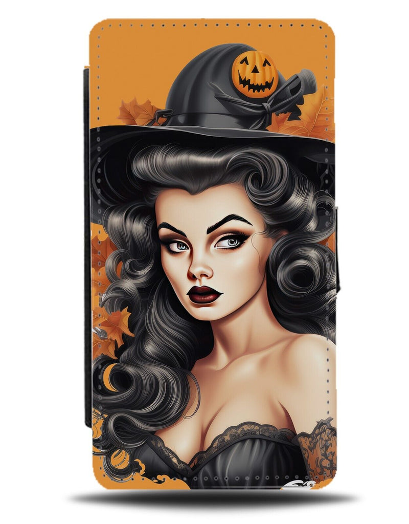Halloween Witch Pin Up Girl Flip Wallet Case Witches Costume Black Hair Wig CT59