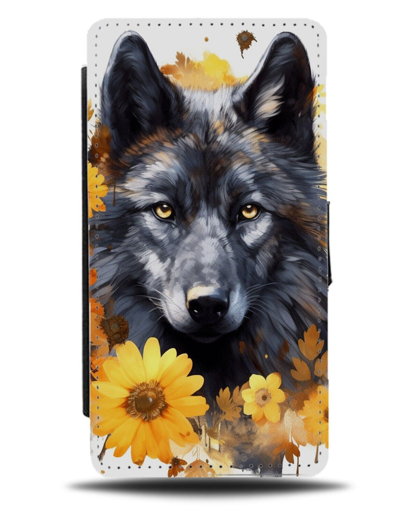Black Wolf With Yellow Sunflowers Flip Wallet Case Flowers Wolves Head CT06