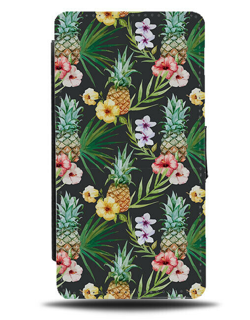 Grunge Theme Tropical Flowers and Fruit Flip Wallet Case Style Pineapples H013