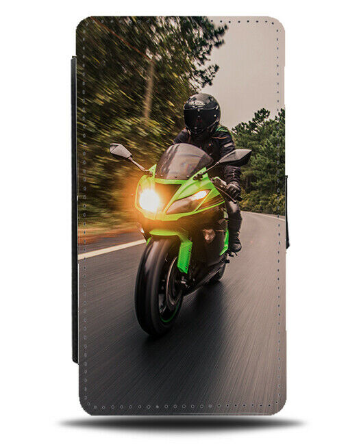 Speeding Motorbike Photo Flip Cover Wallet Phone Case Superbike Green si96