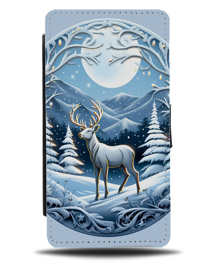 White Christmas Flip Wallet Case Christmassy Reindeer Snow Full Moon Style DD45