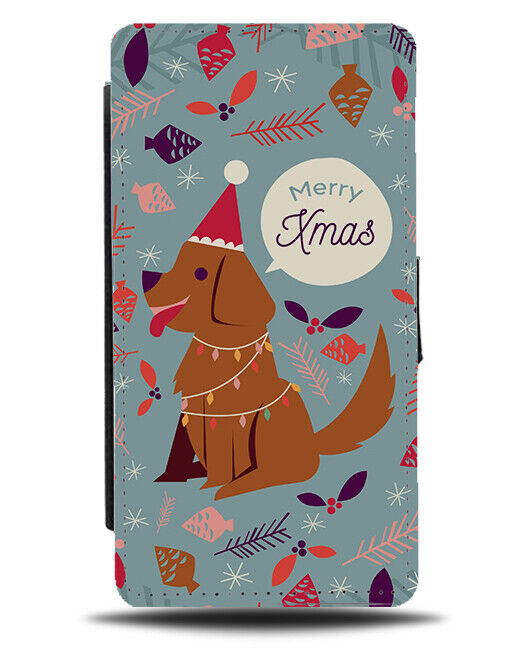 Merry Xmas Dog Flip Wallet Case Dogs Christmas Cartoon Puppy Santa Hat N937