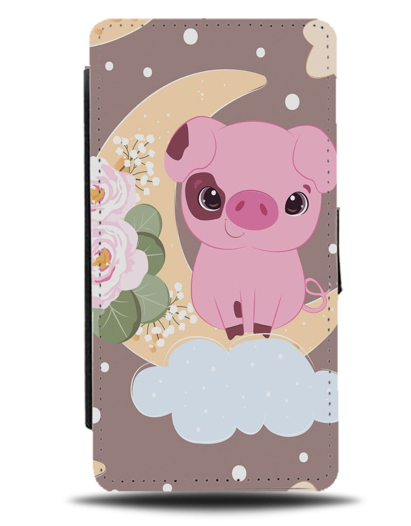 Cartoon Pig On A Moon Flip Wallet Case Pigs Half Moons Shape Kids Childrens CC02
