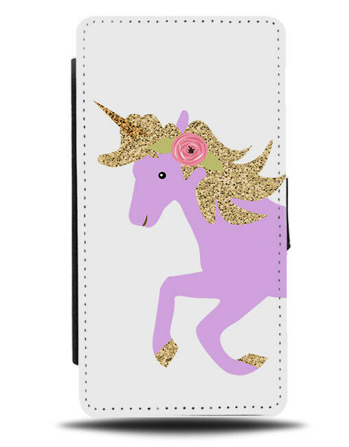 Purple and Gold Glitter Print Unicorn Flip Wallet Case Golden Flower Hair F746